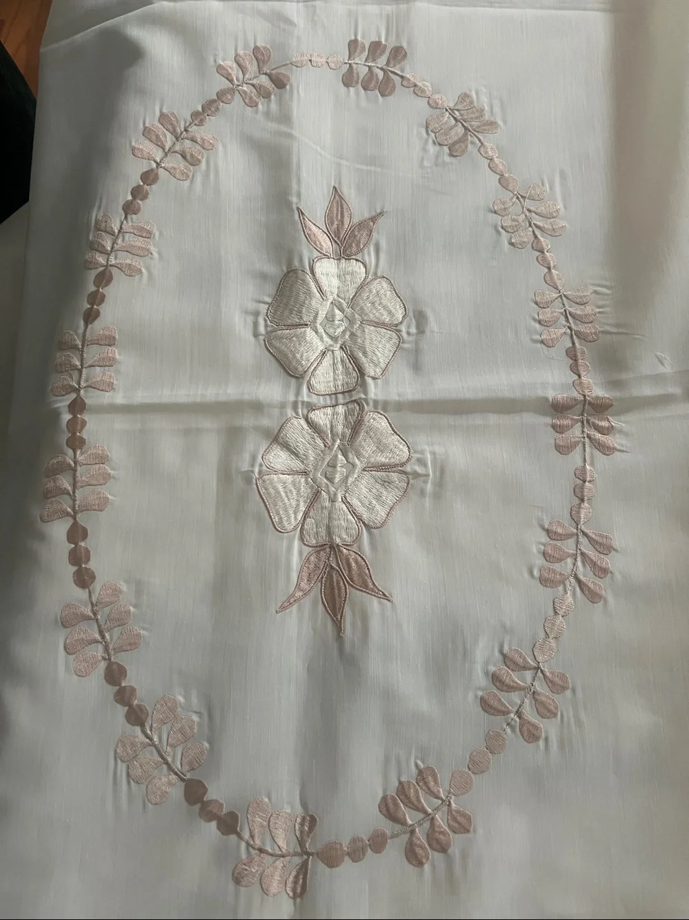 Embroidered Floral Tablecloth - 8 Napkins Cream with Beige Accents 84”x56”